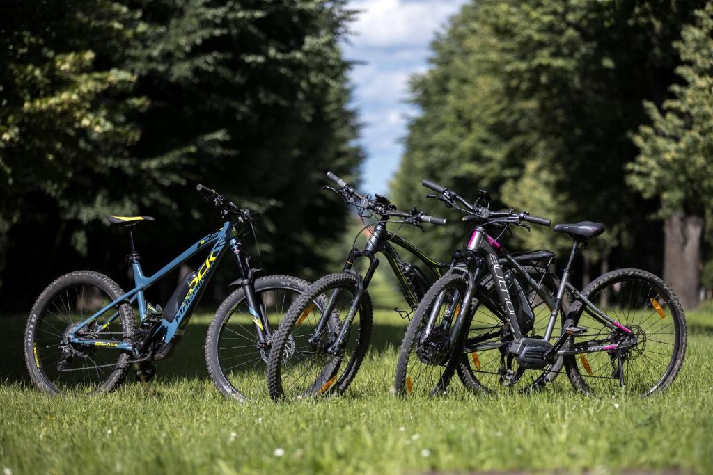 three bikes parked in the grass in a field at Hotel reSTART Superior in Jičín