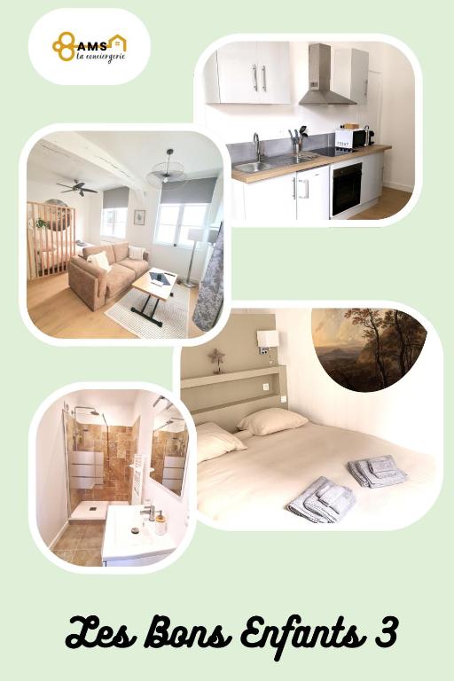 un collage de quatre photos d'une cuisine et d'un salon dans l'établissement Les Bons Enfants 3, à Rouen