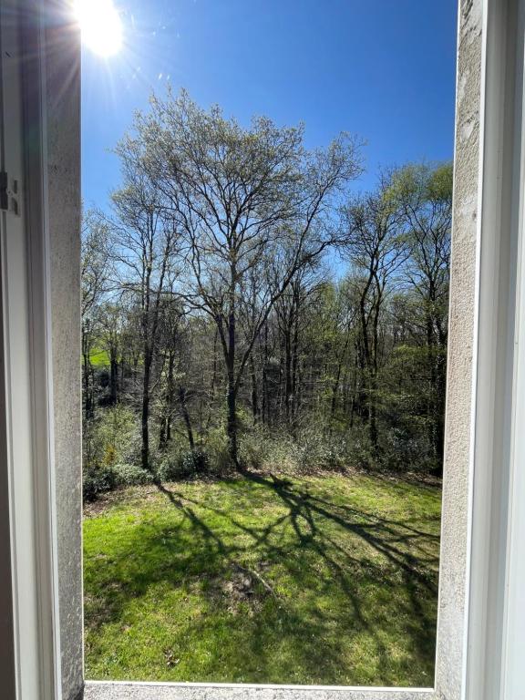 a window with a view of a field with trees at Maison proche du lac in Priziac