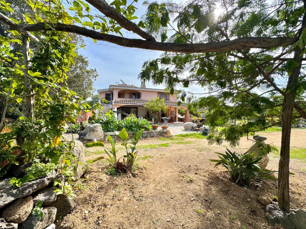 a house with a stone wall and a yard at Colori di Sardegna Apartments in Bari Sardo