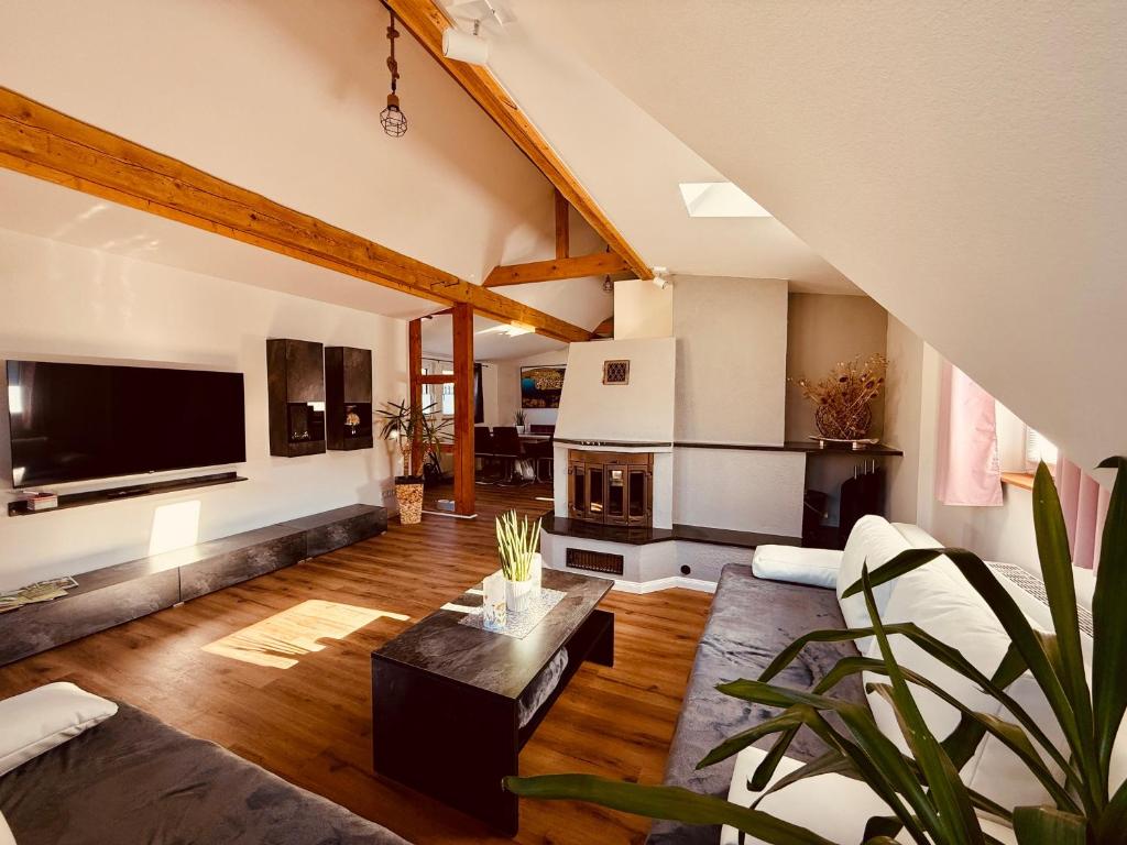 a living room with a couch and a table at Fabians Ferienhaus - 4 besondere Ferienwohnungen in Simmerath