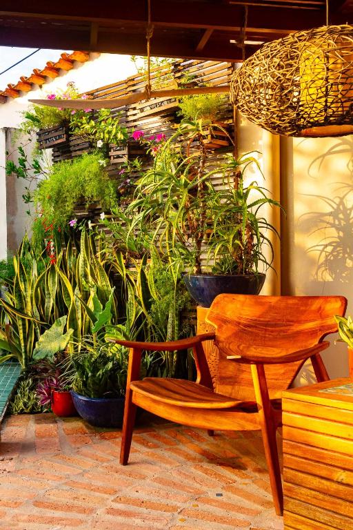 a wooden chair sitting next to a bunch of plants at Boutique Hotel Carpe Diem in Paraty