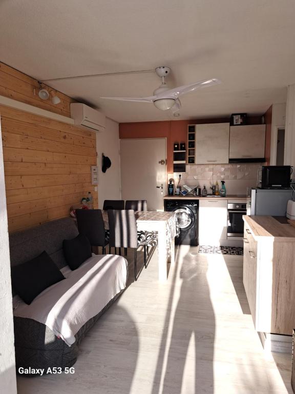 un salon avec un canapé et une cuisine dans l'établissement Appartement t2 cabine de 32m2, au Barcarès