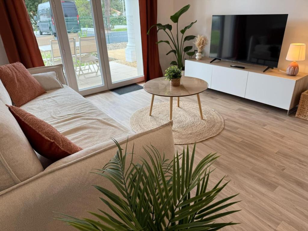 サン・ジャン・ド・モンにあるL'Hibiscusのソファとテレビのあるリビングルーム