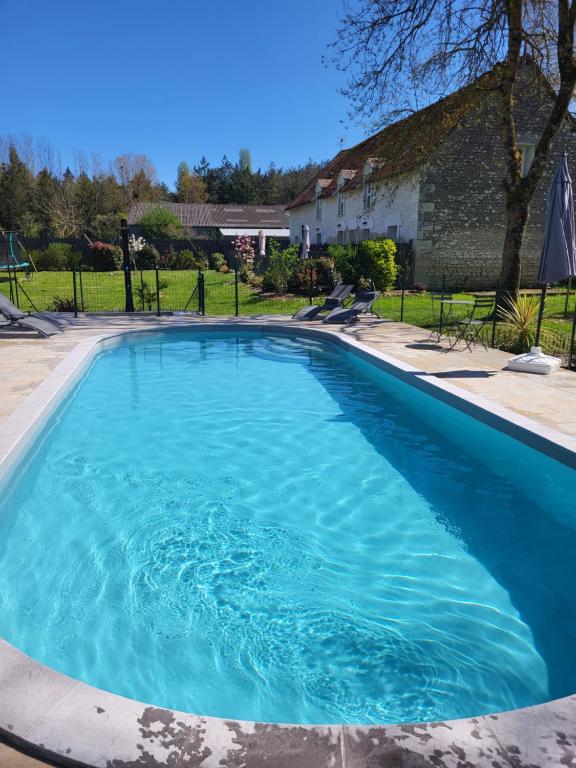 - une grande piscine d'eau bleue dans la cour dans l'établissement Prés du zoo de beauval, Gîtes agréable 
