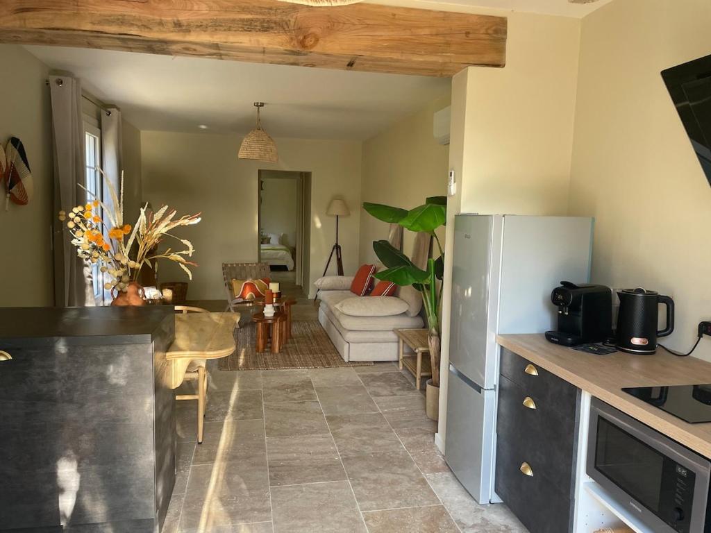 - une cuisine avec un salon doté d'un canapé dans l'établissement Au milieu des bois, à Saint-Sauveur