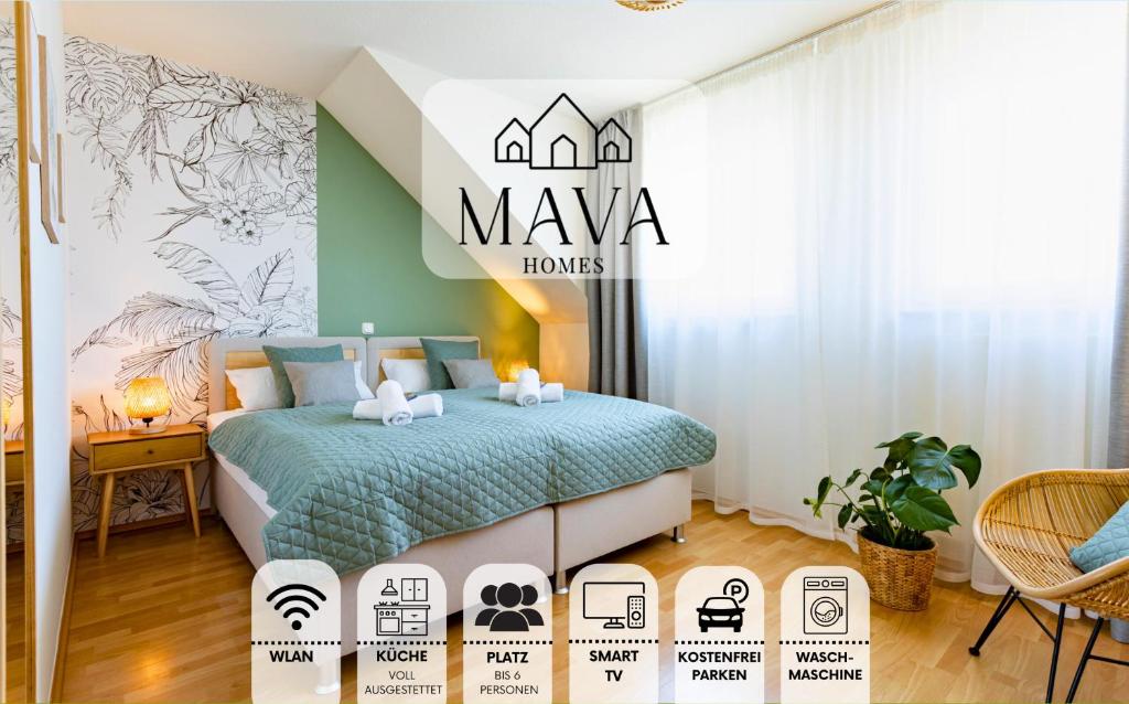 a poster of a bedroom with a bed in a room at Wohlfühl-Maisonette mit Blick auf die Therme in Bad Saarow
