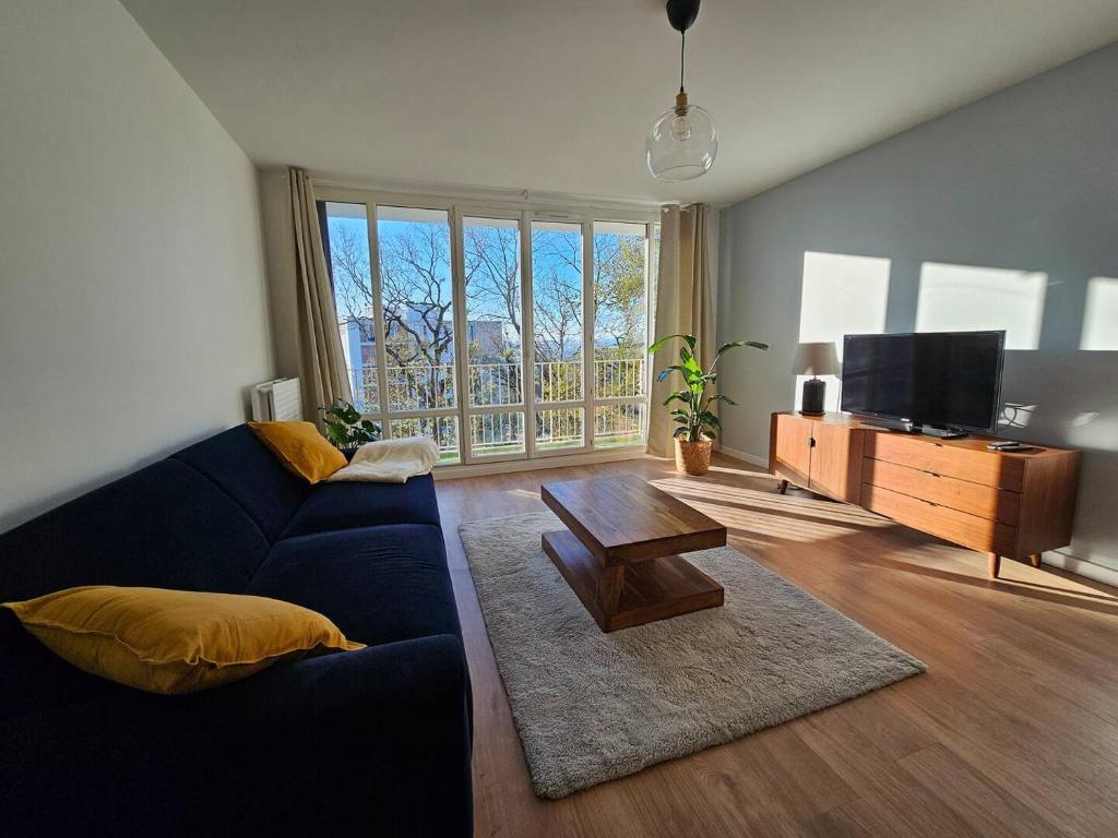 un salon avec un canapé bleu et une télévision dans l'établissement Logement spacieux et lumineux, à La Mulatière