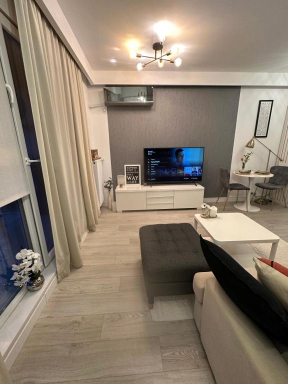 a living room with a couch and a flat screen tv at Boutique Apartment in Bucharest