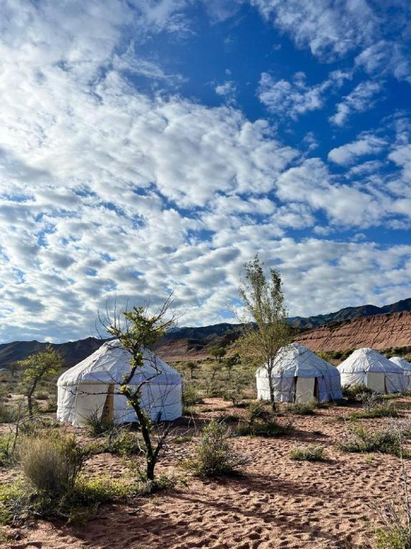 three white tents in the desert under a cloudy sky at AiSun Eco Yurt Camp in Tossor