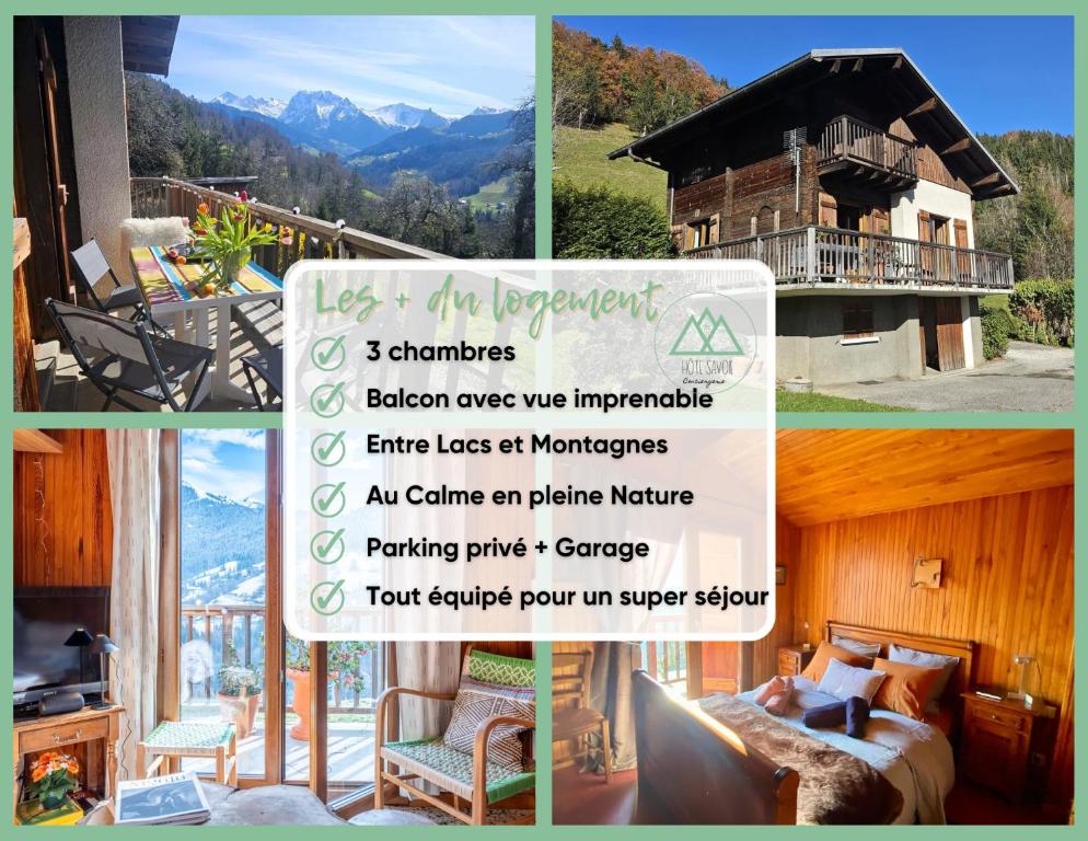 un collage d'images d'une maison avec un panneau dans l'établissement Le Mazot du Genévrier - Au coeur des Aravis, à Les Clefs