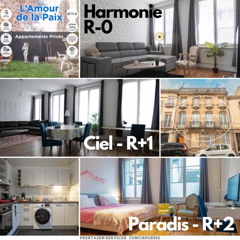 un collage de photos d'un salon et d'un appartement dans l'établissement L'Amour de la Paix - Centre-Ville - Jardin - Proche gare - TV65