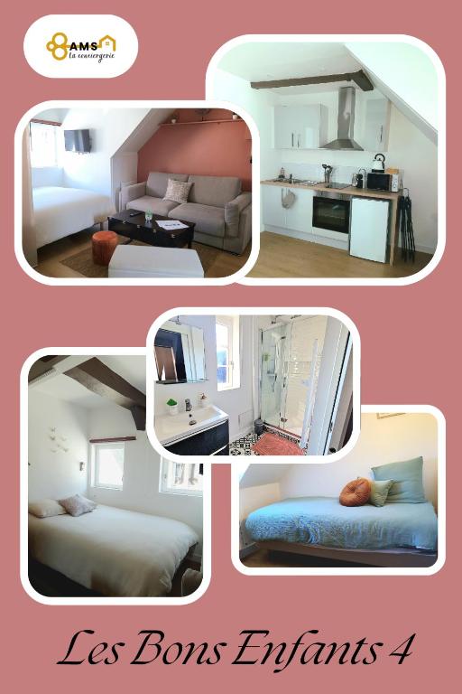 un collage de quatre photos d'une pièce dans l'établissement Les Bons Enfants 4, à Rouen