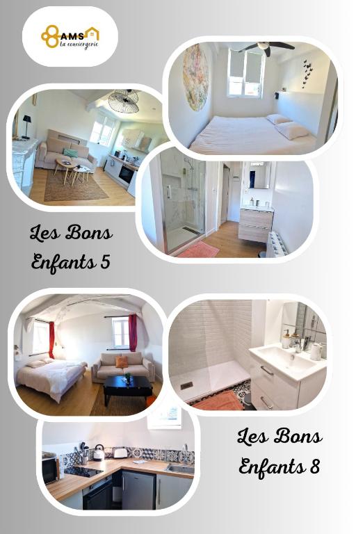 un collage de quatre photos d'une pièce dans l'établissement Les Bons Enfants 5 & 8, à Rouen