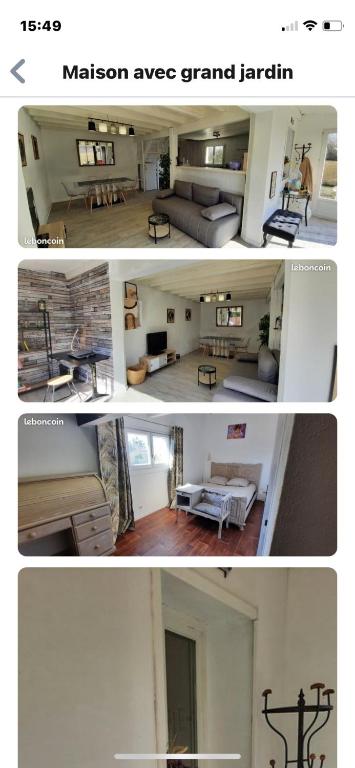 deux photos d'un salon et d'une chambre dans l'établissement Marseillan plage maison avec jardin, à Marseillan