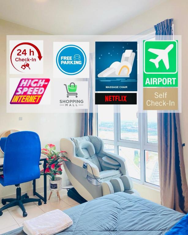 a room with a bed and a chair and signs at Mesahill Studio King PoolView With New FullBody Massage Chair Above Shopping Mall, Bowling & Cinema, 5 Minutes to USIM, Nilai - 24H Self and Easy Check In in Nilai