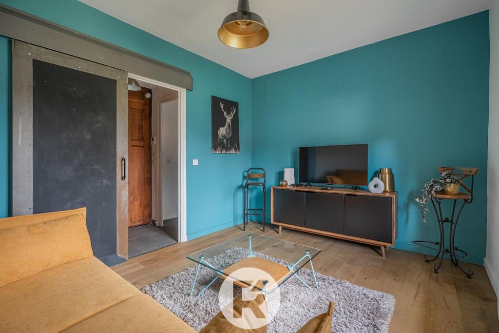 un salon avec un canapé et une télévision dans l'établissement R'Apparts T2 La Halte Savoyarde, à Aix-les-Bains