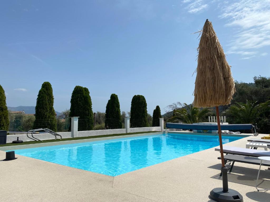 une grande piscine avec un parasol en paille et une chaise dans l'établissement VILLA EVE, à Chateauneuf Villevieille
