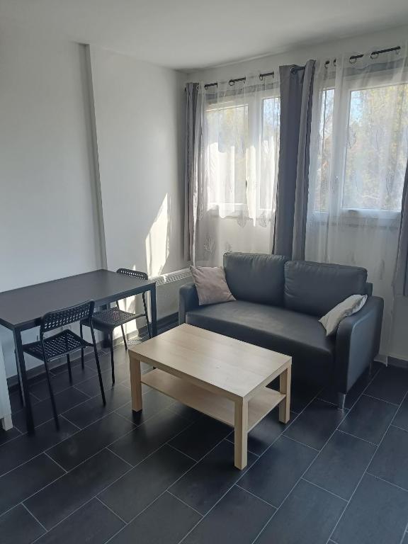 un salon avec un canapé et une table dans l'établissement Studio équipé près de Paris, à Argenteuil