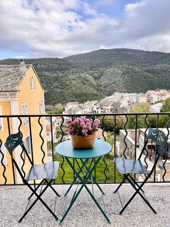 une table et des chaises sur un balcon avec un pot de fleurs dans l'établissement Appartement au cœur du village, à Murato