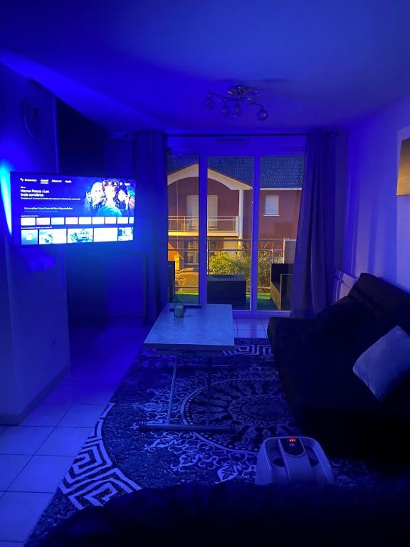 un salon avec un canapé et une télévision dans l'établissement La suite jacuzzi, à Pau