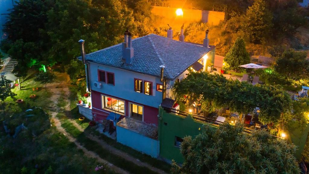 an aerial view of a house at night at Stefania's Houses in Zagora