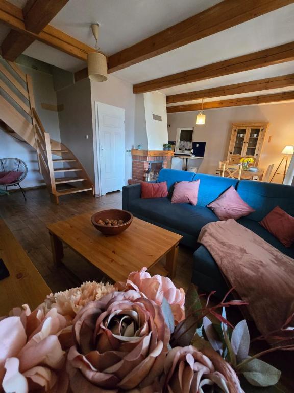 a living room with a blue couch and a table at Willa Hrobacza spa in Międzybrodzie Bialskie