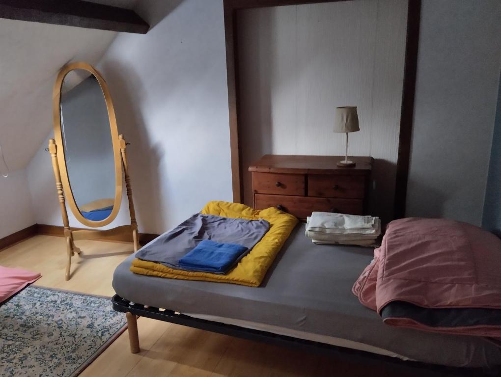 a bedroom with a bed with a mirror and a dresser at La Miloute in Vendôme