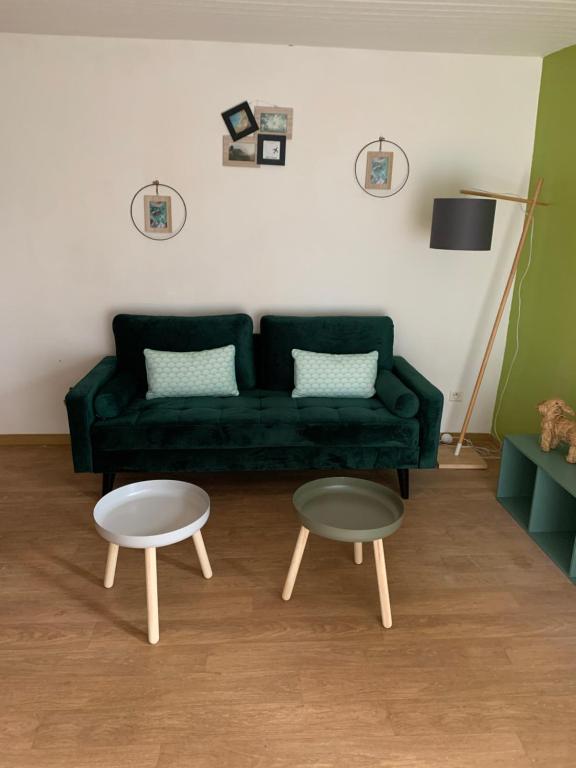 - un salon avec un canapé vert et 2 tables dans l'établissement Farret Holidays, à Saint-Juéry