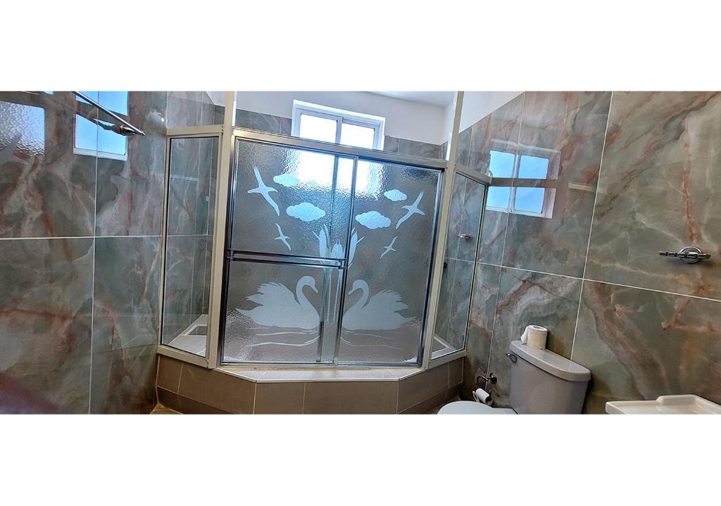 a shower with glass doors in a bathroom with a toilet at Belo Residence in Cap-Haïtien