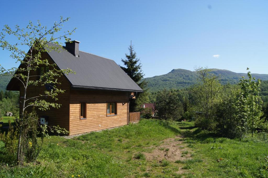 a wooden cabin in a field with mountains in the background at Domek Pod Jawornikiem in Wetlina