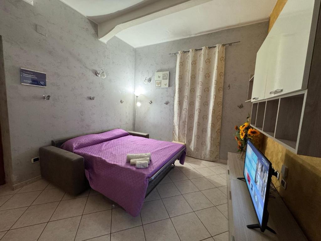 a small room with a purple bed and a tv at CasArcobaleno Fronte Policlinico in Messina