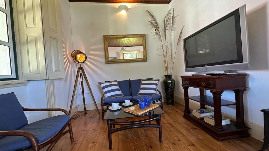 ein Wohnzimmer mit einem Flachbildfernseher und blauen Stühlen in der Unterkunft Casa da Vela by Férias em Figueira in Buarcos e São Julião