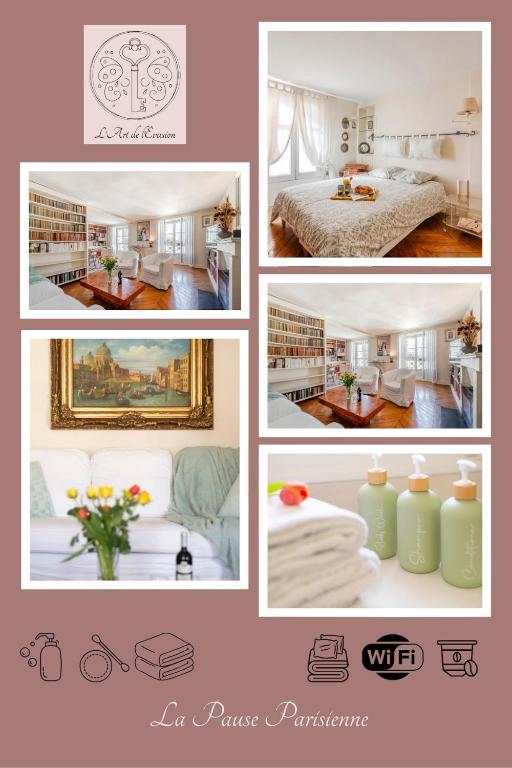 un collage de photos d'une chambre d'hôtel dans l'établissement La Pause Parisienne, au pied du métro, à Paris