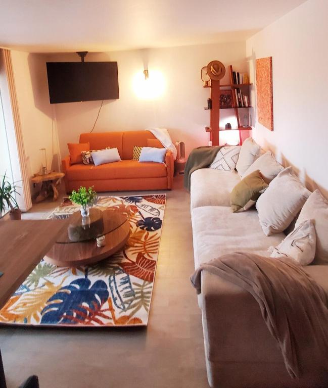 un salon avec un canapé et une table dans l'établissement A perfect apartment in Capbreton center, à Capbreton