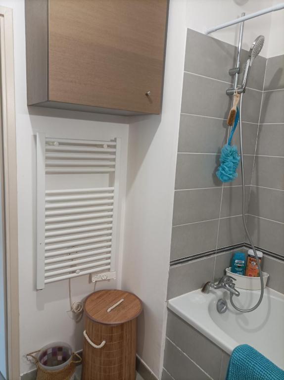 une petite salle de bain avec un lavabo et des toilettes dans l'établissement Magnifique T3 spacieux au calme à Castelnau Le Lez, à Castelnau-le-Lez