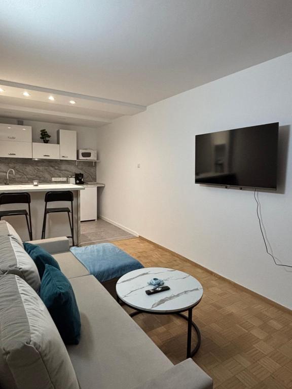 a living room with a couch and a tv on a wall at Champagne Apartments in Portorož