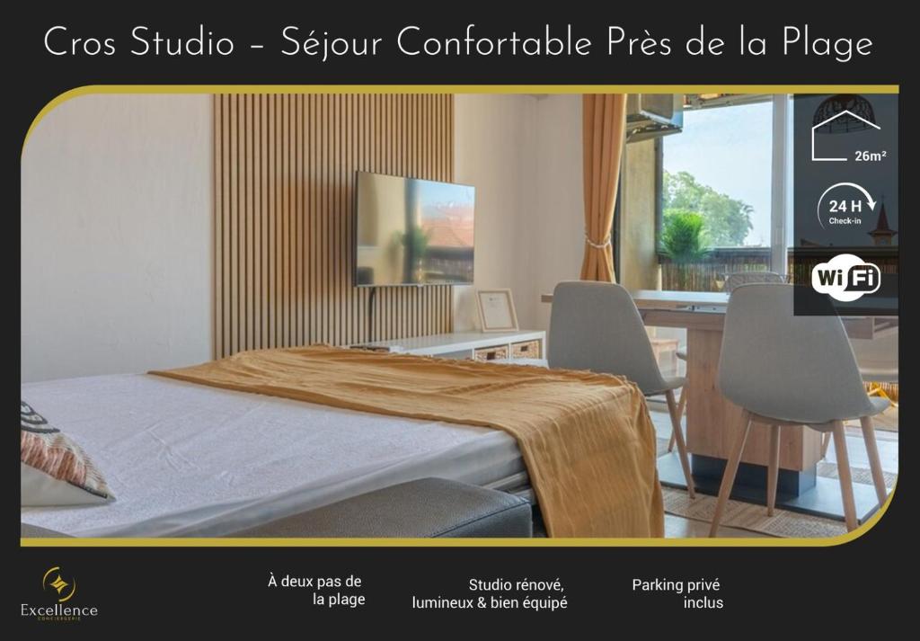 une chambre avec un lit, une table et des chaises dans l'établissement Cros Studio – Cozy Stay Near the Beach, à Cagnes-sur-Mer