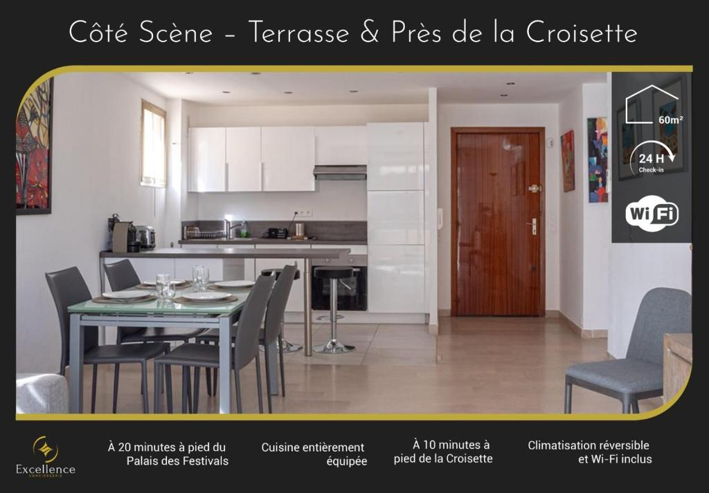 une cuisine et une salle à manger avec une table et des chaises dans l'établissement Côté Scène – Terrace & Near Croisette, à Cannes