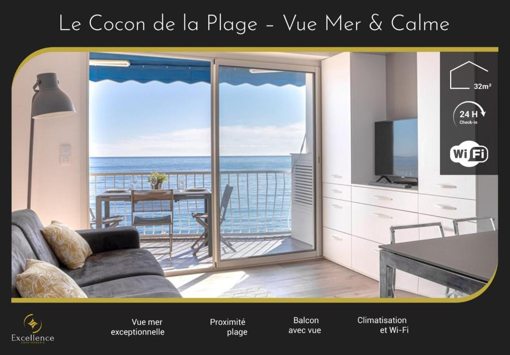 une photo d'un salon avec vue sur l'océan dans l'établissement The Beach Cocoon – Sea View & Calm, à Cannes