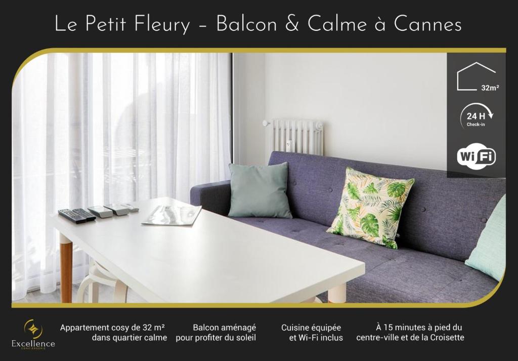 - un salon avec un canapé violet et une table blanche dans l'établissement Le Petit Fleury – Balcony, Calm in Cannes, à Cannes