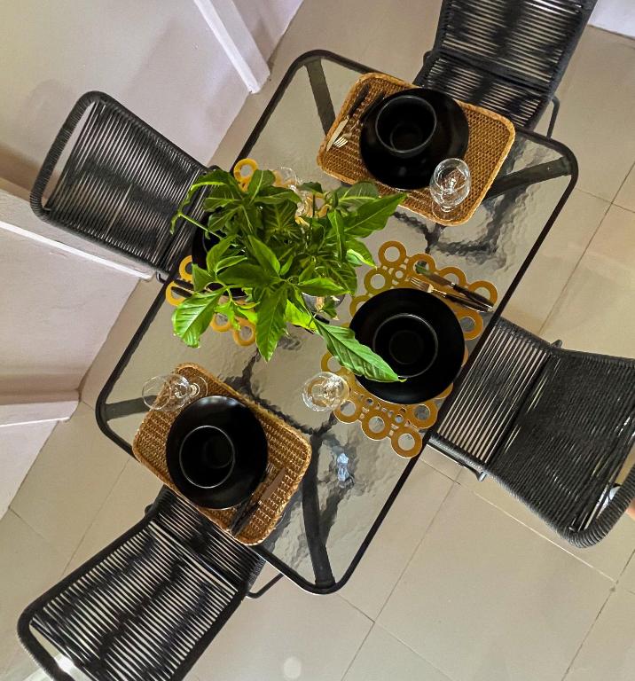 a glass table with two wine glasses and a plant at NANAS House in Tigre