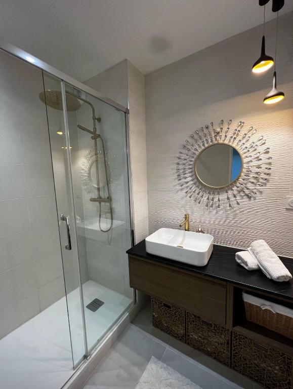 une salle de bain avec une douche, un lavabo et un miroir dans l'établissement Agréable T2 avec terrasse et parking à La Rochelle - CAR13365HTR, à La Rochelle
