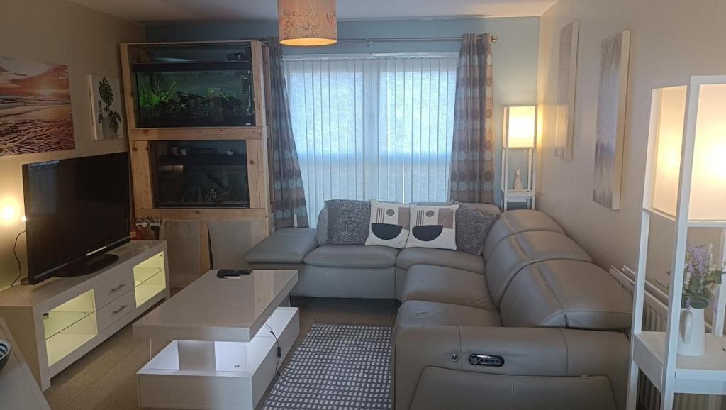 a living room with a couch and a tv at Spacious Cheltenham Flat with Free Allocated Parking in Cheltenham