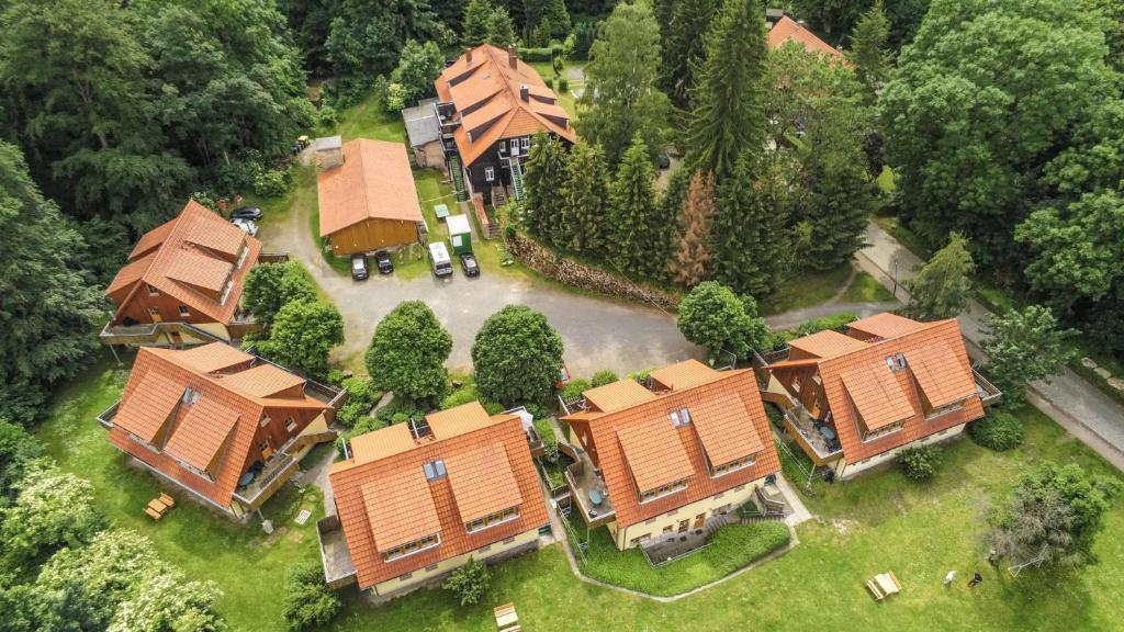 an aerial view of a house with a yard at Ferienwohnung Ferienhäuser am Brocken, 60 qm 2 Schlafzimmer in Ilsenburg