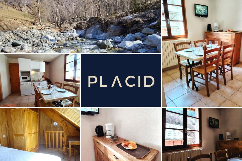 Un collage de fotos de un restaurante con una mesa. en Les Oulles 19, en La Chapelle-en-Valgodemard