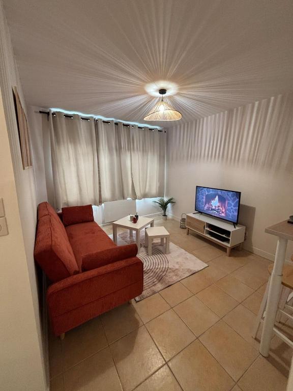 un salon avec un canapé rouge et une télévision dans l'établissement Le joli petit Bannier T2 Neuf , Fibre, à Orléans