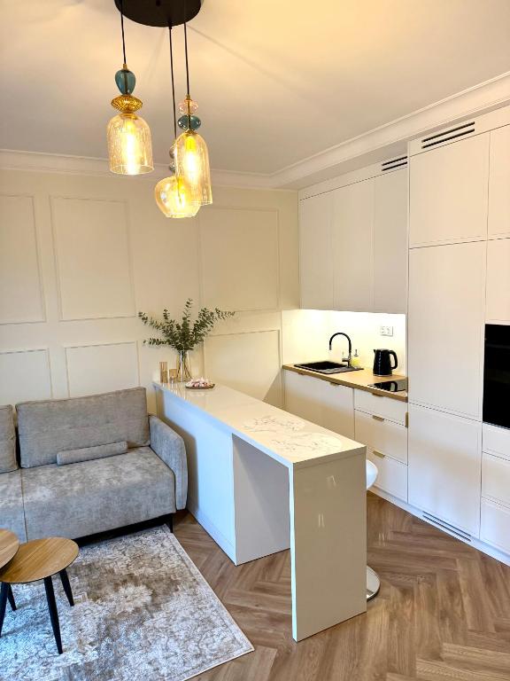 a kitchen with a couch and a table in a room at Apartament BULVAR MOOD Stare Miasto - Elbląg Centrum in Elblag