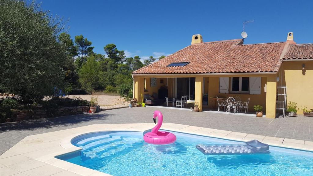 un cygne rose dans une piscine en face d'une maison dans l'établissement Le cigalon, à Saint-Maximin-la-Sainte-Baume
