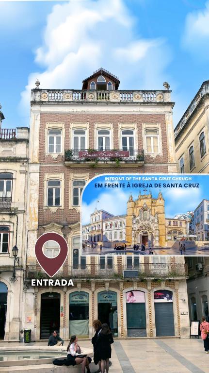 a building with a sign in front of it at Pensão Santa Cruz in Coimbra